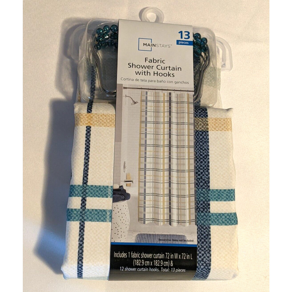 Mainstays Fabric Shower Curtain with Hooks Blue Plaid 13 Pieces